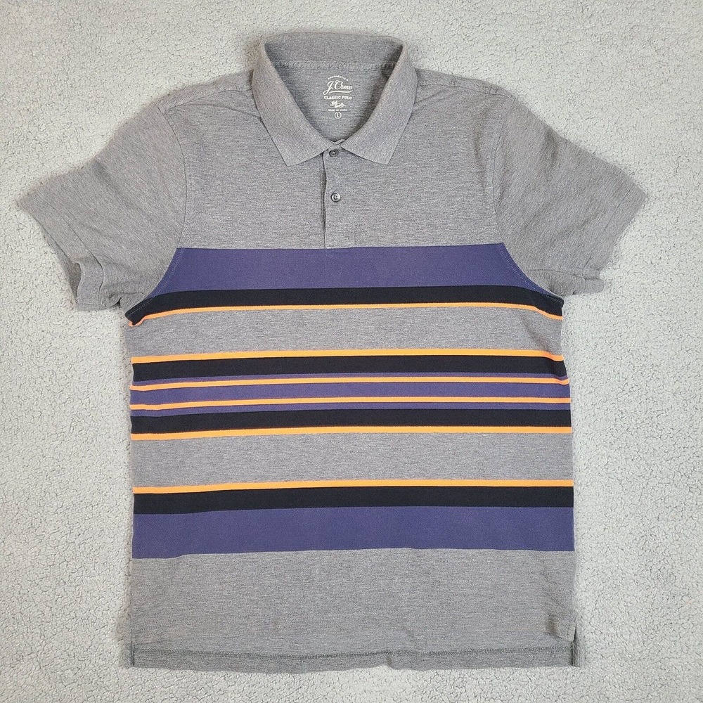 J. Crew Polo Shirt Mens Large Gray Striped Classic Polo Cotton